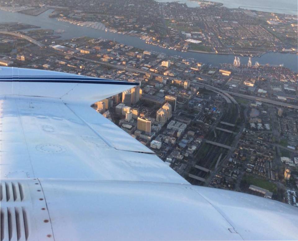 A view of the city from an airplane window.